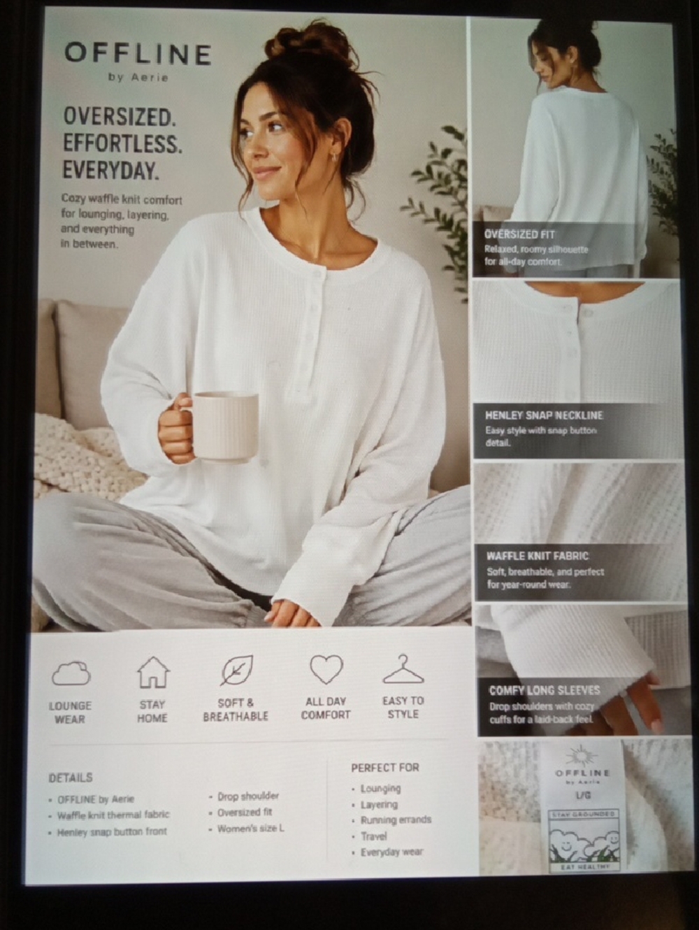 Offline By Aeri Oversized Everyday Cozy Waffle Layering Cotton Henley Size  Larg